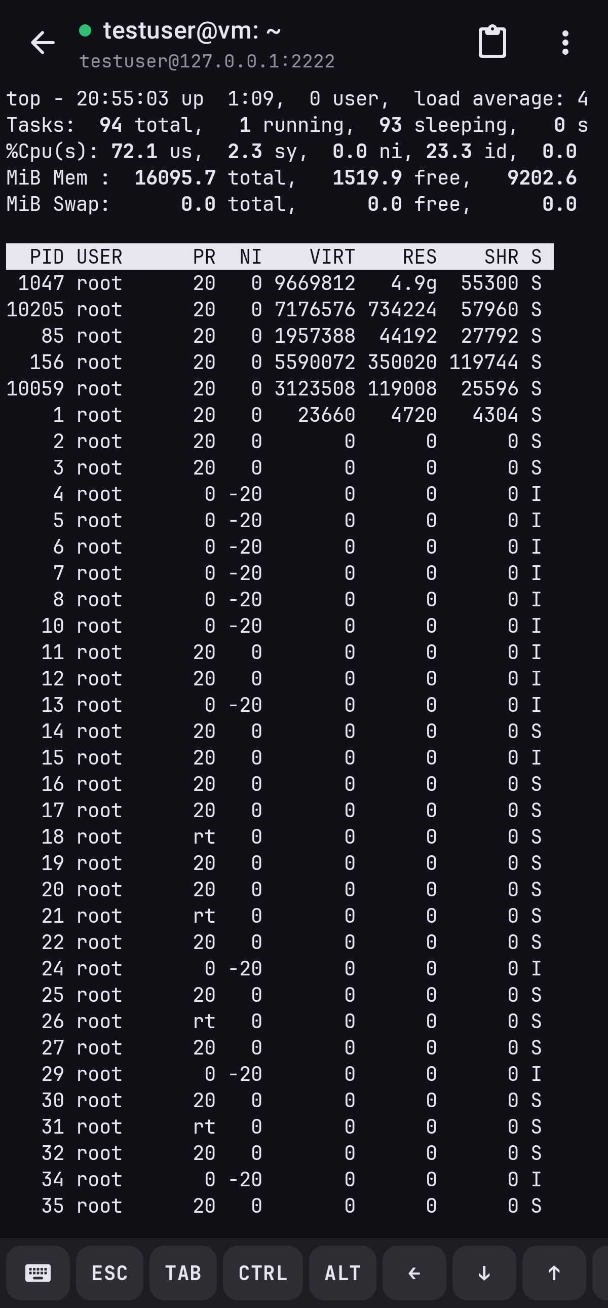 Running top in a Seren SSH session